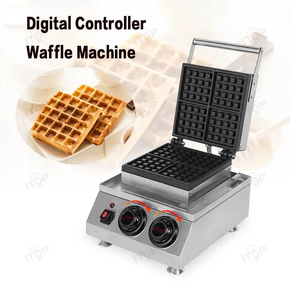 Digital Controller Waffle Machine Accurate Time& Temperature Control& Display Knobs 1600W 4pcs 10cm Square Waffle Maker