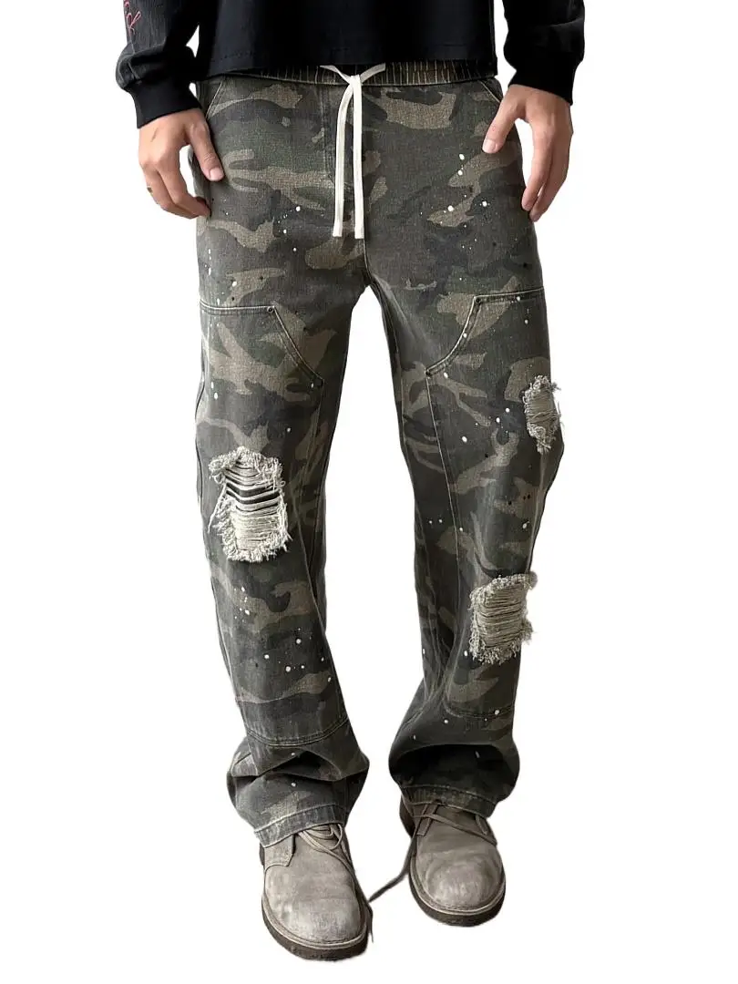 26AW Saint Heavy Wash Distressed Hand-Painted Splash Ink Camo Logger Cargo Pants