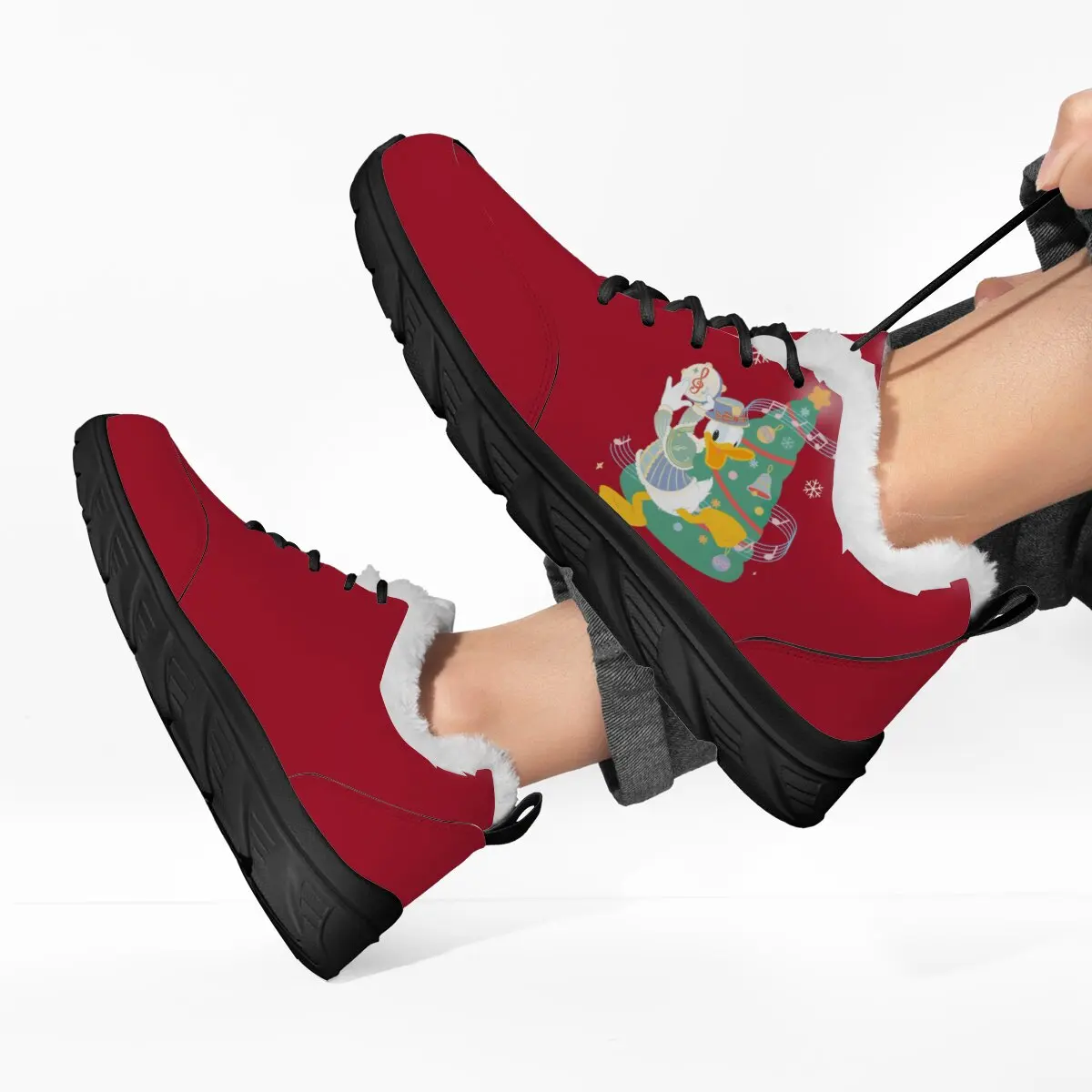 

Christmas Donald Duck Cartoon Disney Pattern Design Fashionable Printed Hollowed-out Soft-soled Lace-up Holiday Casual Shoes