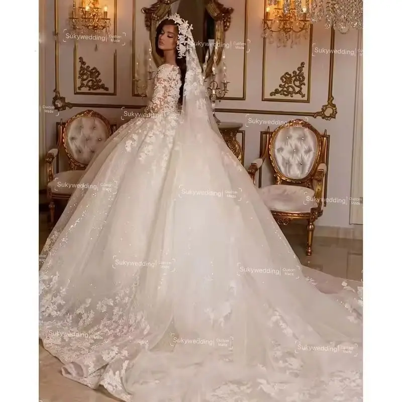 Robe de Rhprincesse à manches longues et col en V, robes de mariée, appliques de luxe, perles de paillettes, tenue de Dubaï, adaptée aux patients