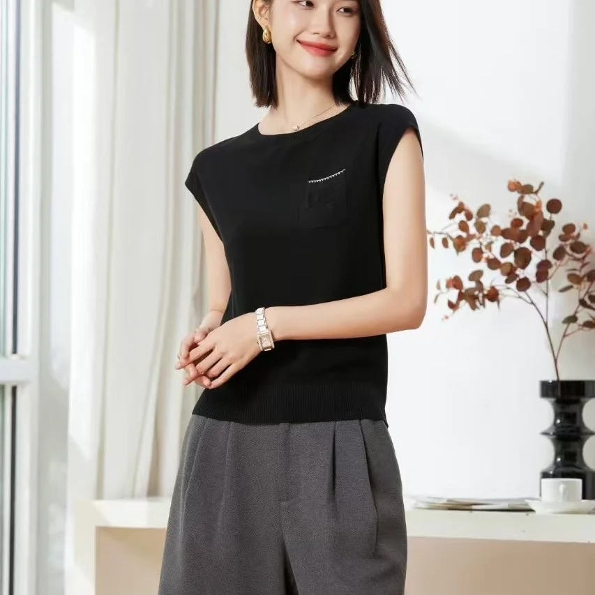 

AI Round Ne Svel вязаный свитер женский свободный крой удобный дышащий повседневный однотонный летний свитер новое поступление