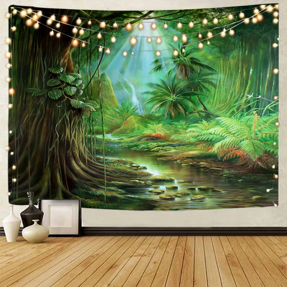 

Beautiful forest and river scenery decoration tapestry, forest and creek illustration background decoration tapestry