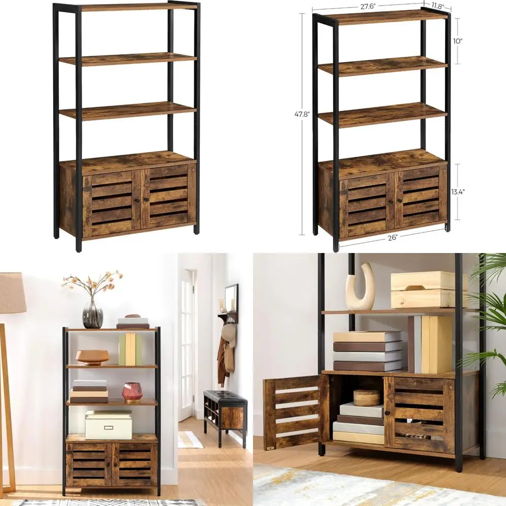 

Industrial Style 3-Shelf Bookcase with 2 Louvered Doors for Living Room, Study, and Bedroom Storage