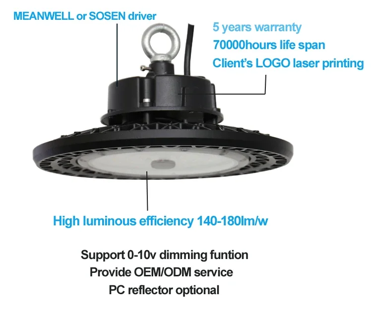 Capteur intelligent de gradation pour garage industriel, contrôle de mouvement, lumière haute baie OVNI pour gymnase, lumière IP65, 100W, 150W, 200W, offre spéciale