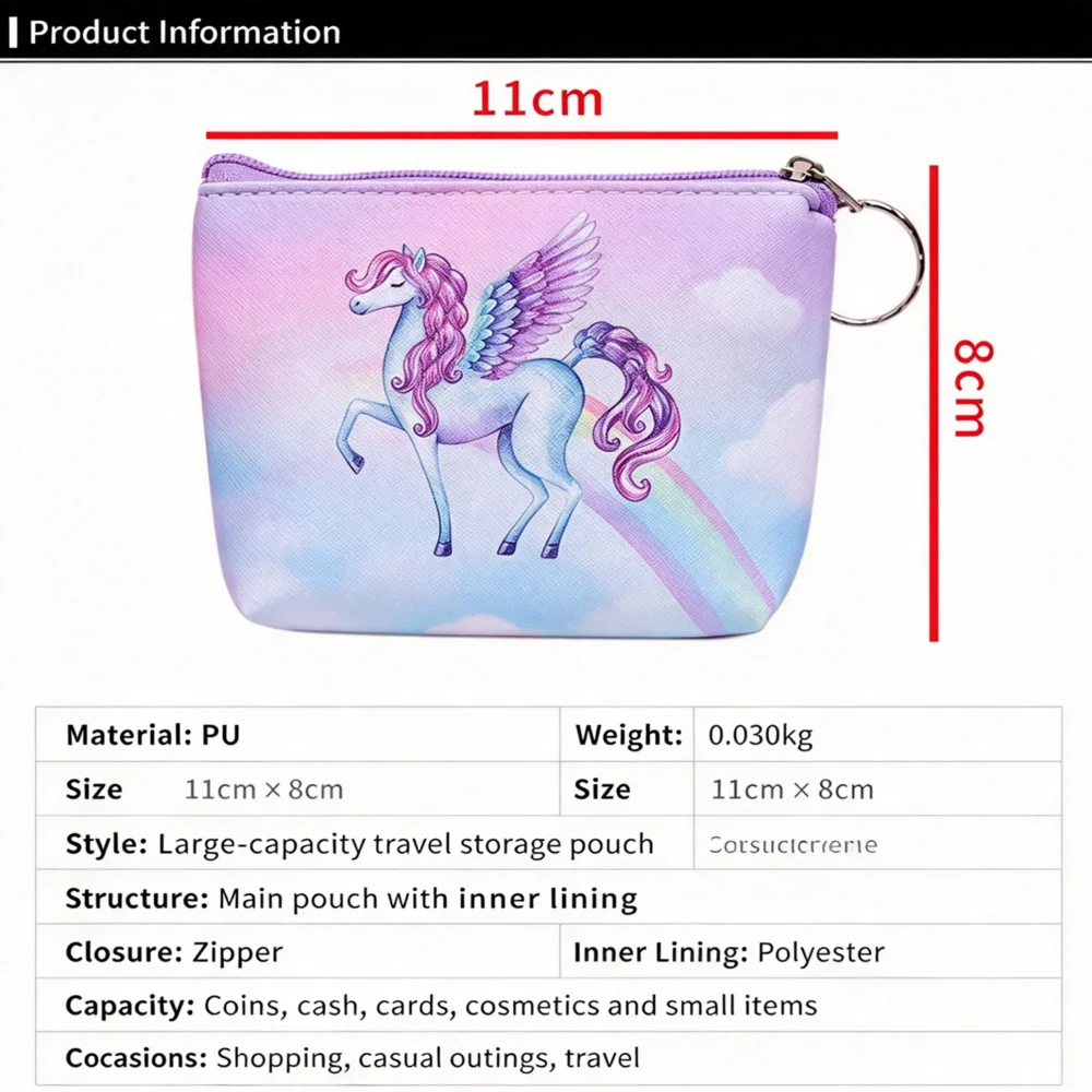 Unicorn Printing Mini Portable Women's Wallet - Coin Purse Card Holder Key Pouch Makeup Bag Cartoon Girls' Fashion Accessory