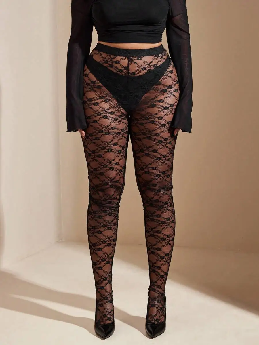 Plus Size Sheer Lace Pattern Tights with High Waist, Black, Festival Wear