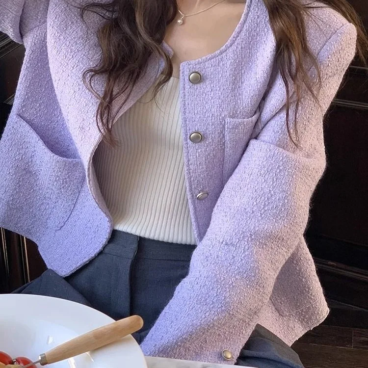 Ele ort Woolen Coat for Women Single Button Autumn New Arrival Slimming Thin Material Ladies Faion Chinese Production