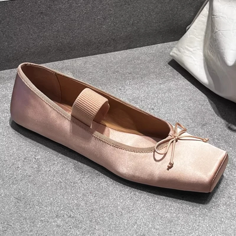 

Women Satin Flats Shoes Square Toe Ruched Elastic Bowknot Vintage Style Comfortable Slip On Shoes For Wedding Party