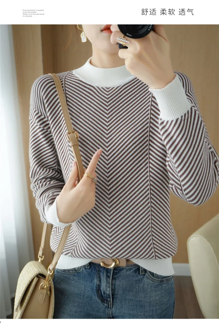 Women's autumn and winter 100% pure cotton knitted semi high neck pullover casual striped warm sweater fashionable hot selling