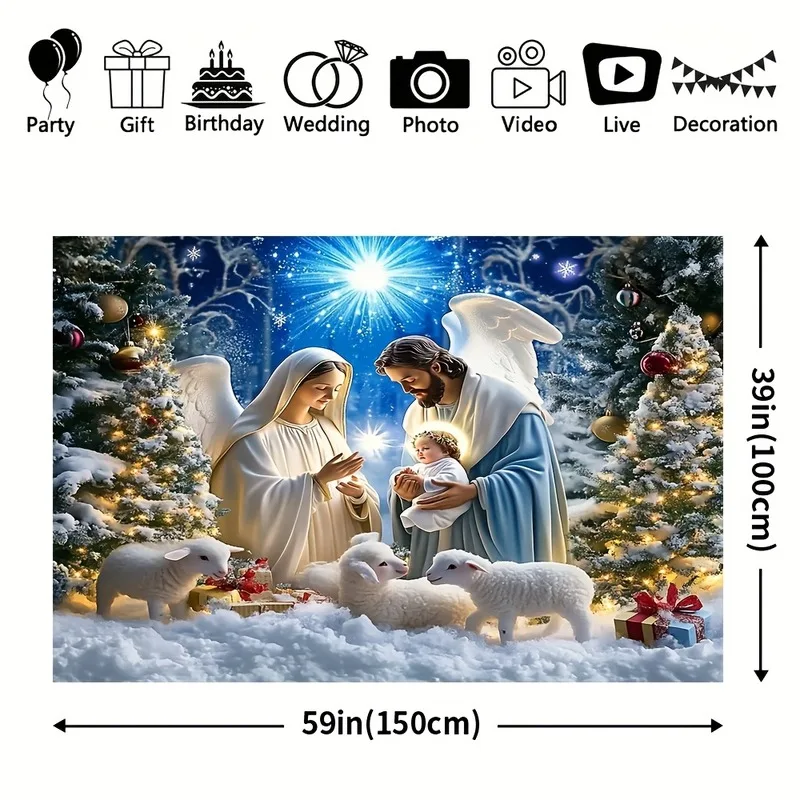 VIKAMA Holy Night Christmas Tapestry, Nativity Scene with Animals, Religious Wall Hanging for Home Church Bedroom Decor