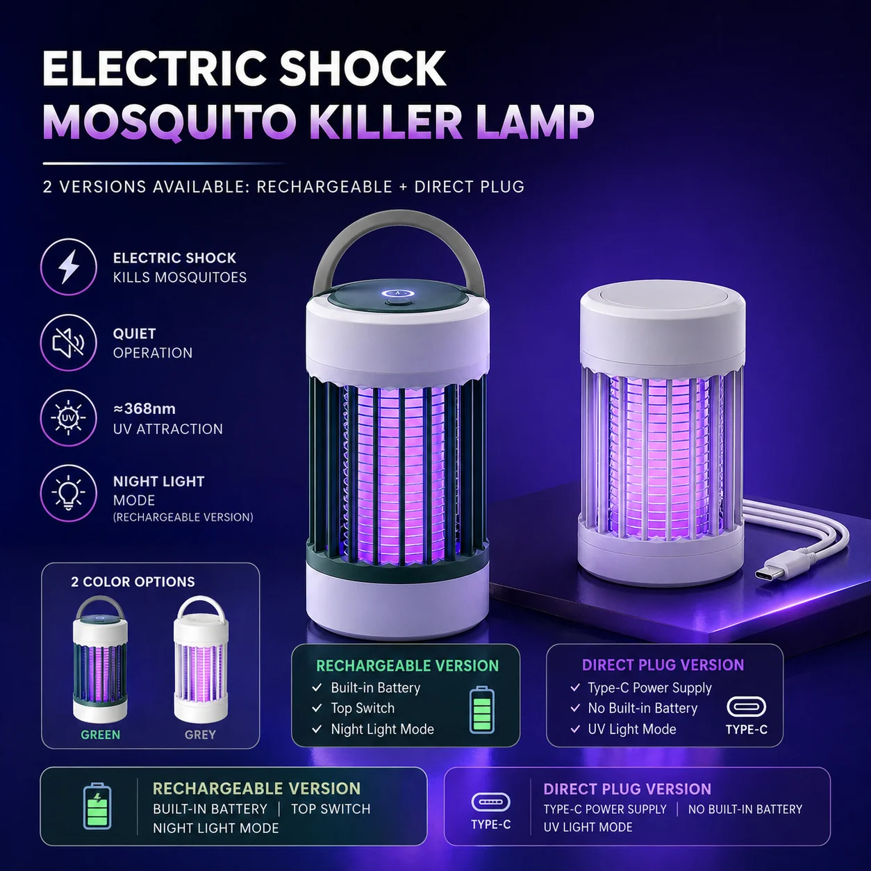 Lâmpada Elétrica Mata-Mosquitos USB 5V UV 365nm, Armadilha Portátil Recarregável para Insetos, Mata-Moscas para Camping, Quarto e Jardim com LED