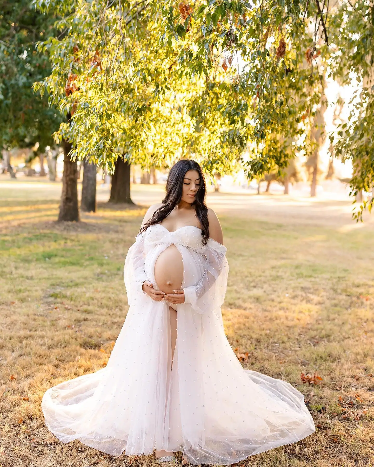 

White Pearls Maternity Dresses for Photo Shoot Robe Tulle Mesh Sweetheart Pregnant Full Sleeves Custom Made Prom Dress