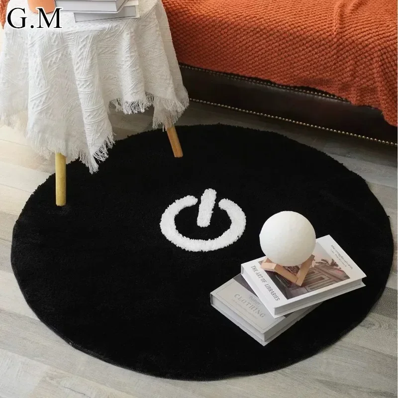 

Black Tufted Power Switch Circle Rugs Flocking Non-Slip Super Soft Bedroom Bedside Floor Mat Round Plush Area Rug Home Decor