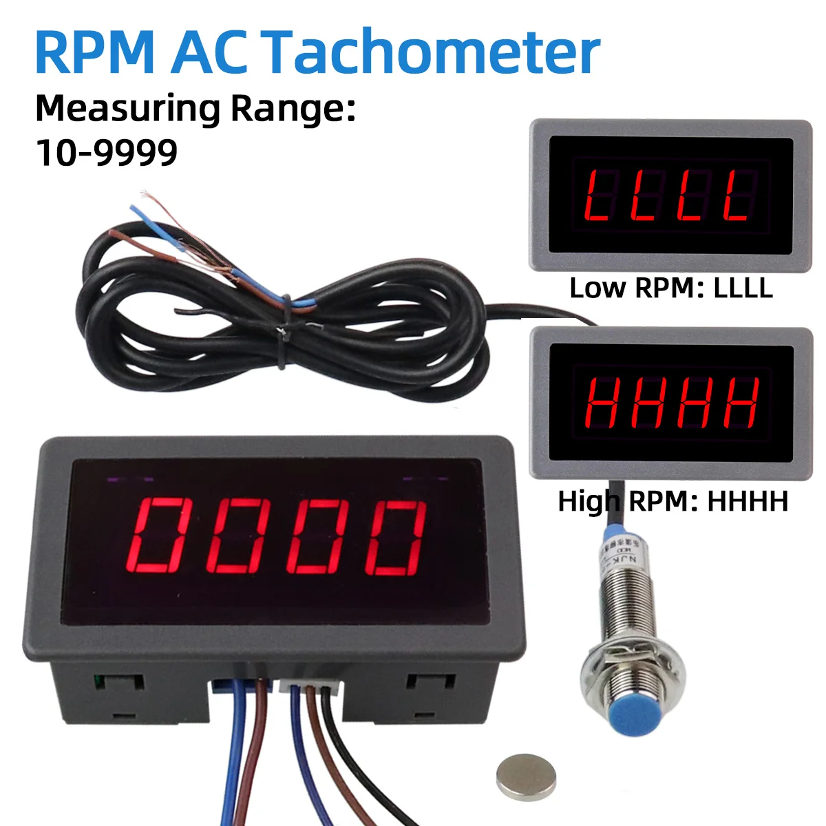 AC 220V 4 LED Digital VERMELHO Tacômetro RPM Medidor de velocidade + Sensor de interruptor de proximidade Hall NPN