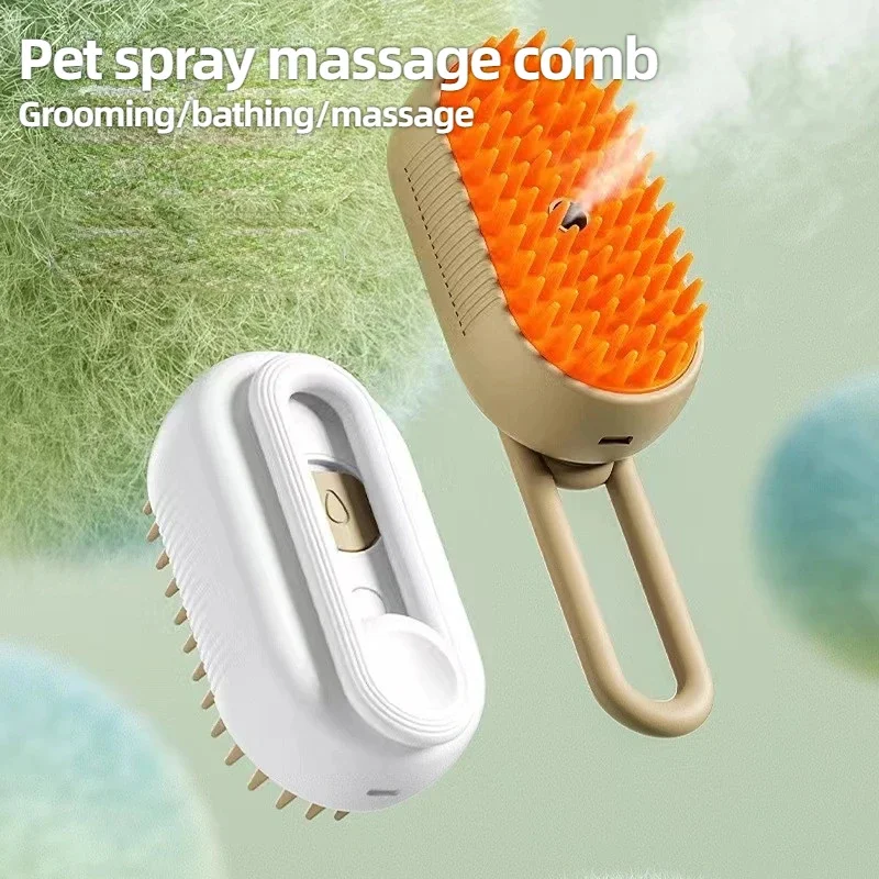 3 in 1 Cat Steam Brush One Touch Spray Pet Hair Removal Tool 360° Rotating Handle Silicone Multifunctional Massage Comb