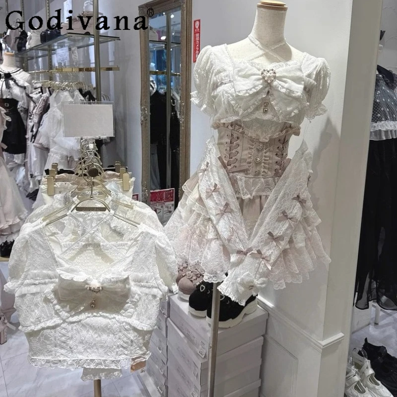 

Japanese Liz Sweet Lolita Shirt with Hand Sleeves Girls Mine Mass-Produced Cute Bow Lace Halter Blouses for Women Ladies Tops