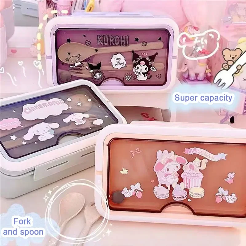 Sanrio Kuromi Cartoon Plastic Lunch Box Hellokitty Cinnamoroll With Handheld Multi-compartment Child Lunch Box Fast Food Box