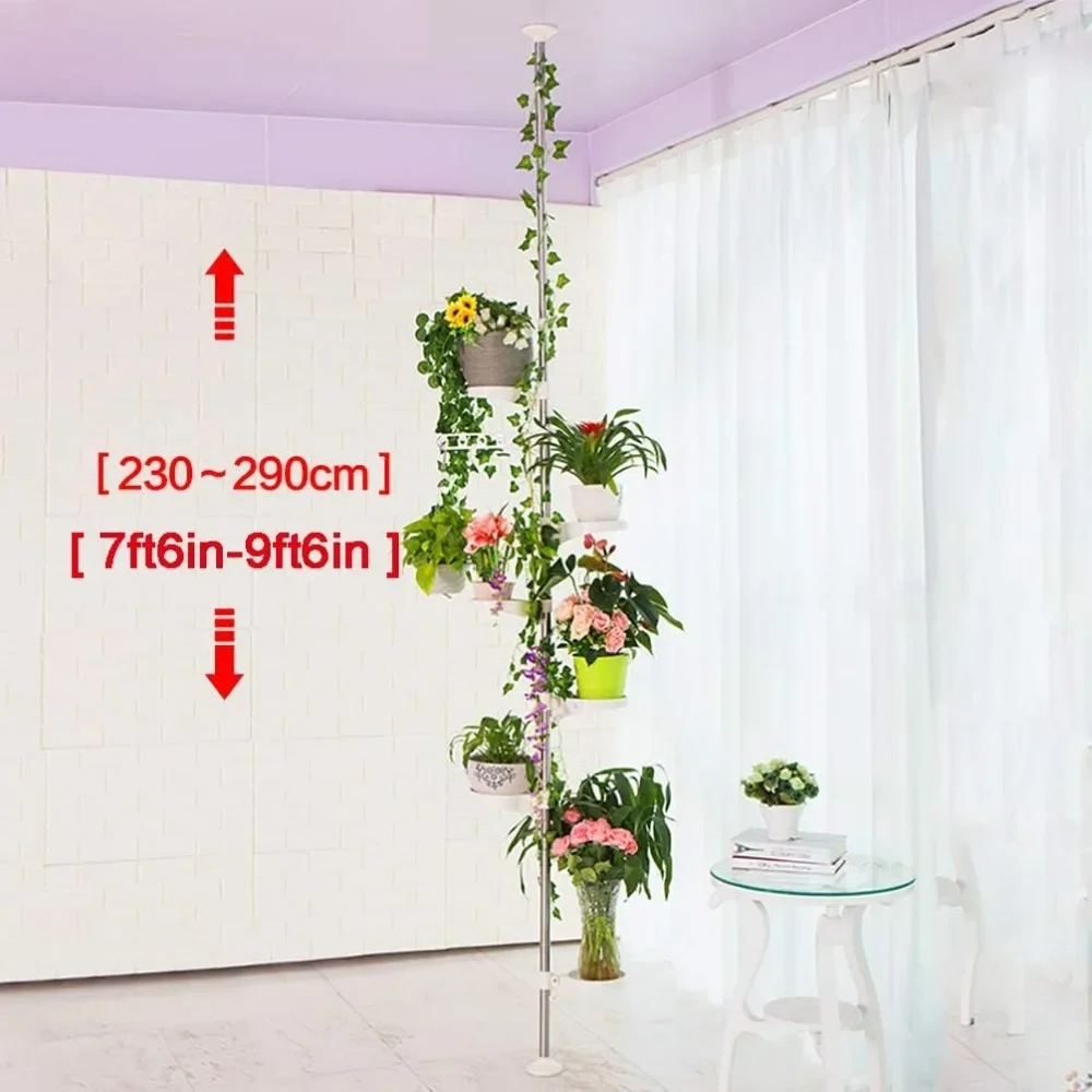 7-Layer Indoor Plant Stands Spring Tension Pole Metal Flower Display Rack Space Saver Corner Floral Pot Hanger Shelf