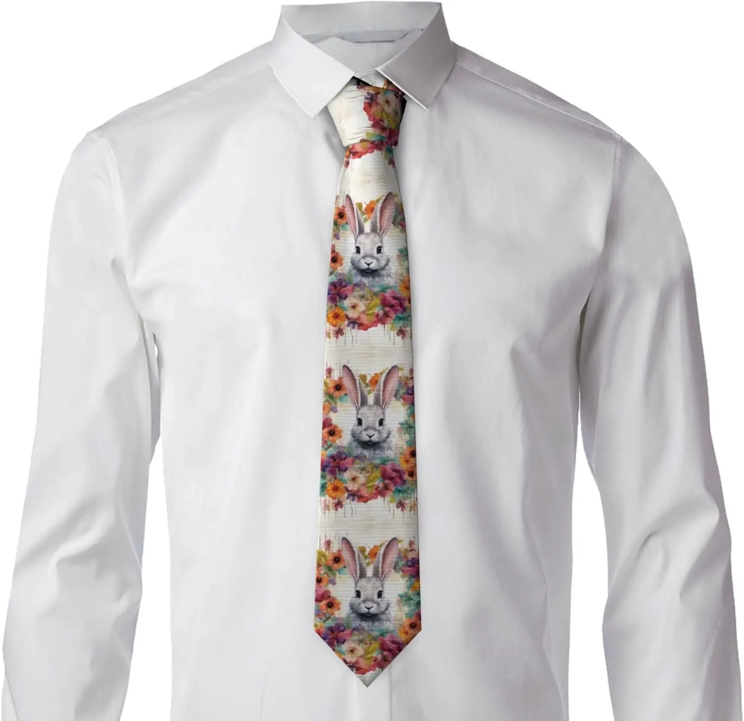 Men's Necktie Watercolor Rabbit Floral Print Neck Tie Cute Bunny Flower Pattern Suit Party Necktie