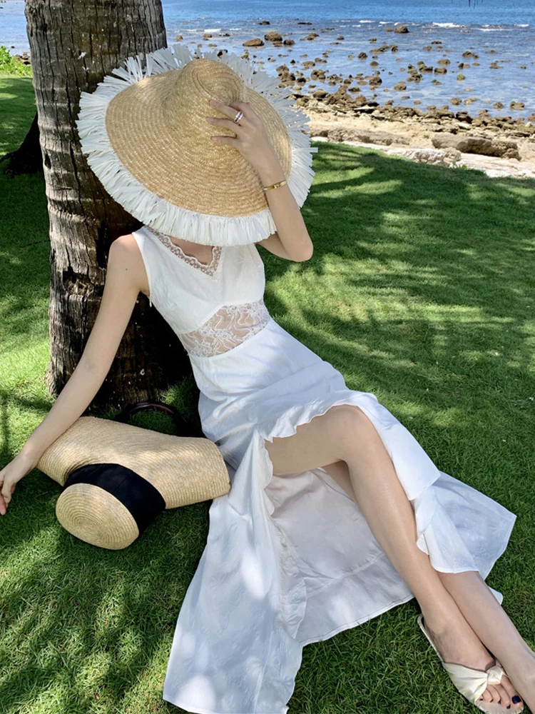 ผู้หญิงวันหยุดชุดยาวสีขาวสุภาพสตรีเซ็กซี่หวานลูกไม้ SHEER High Slit Ruffles Hook Floral Hollow Robe PARTY Holiday Vestidos