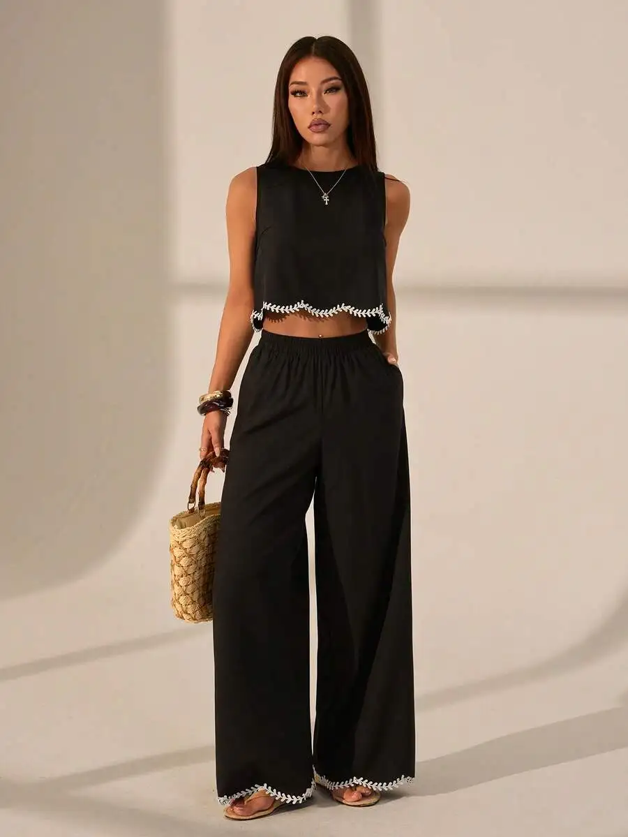

Black Two-Piece Set: Sleeveless Cropped Top And Wide-Leg Pants With White Lace Trim, Casual Vacation Wear For Women