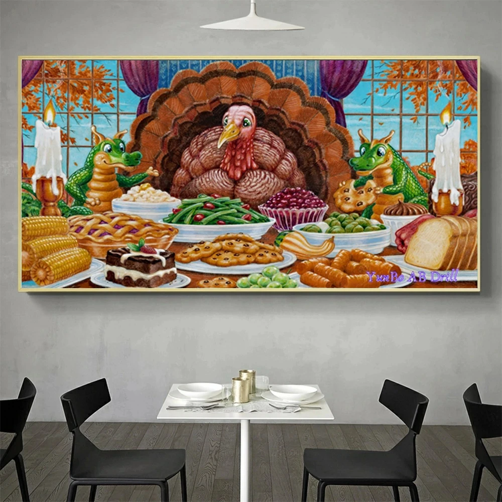 Couch Cute-Dragon AB Drill Rhinestone Cartoon Turkey for Thanksgiving 5D DIY Diamond Painting Cross Stitch Embroidery Home Decor