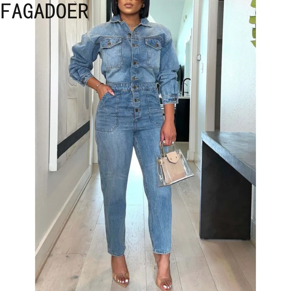 FAGADOER Fashion Streetwear Women Long Sleeve Turndown Collar Button Slim Denim Jumpsuits Casual Female Solid Cowboy Overalls