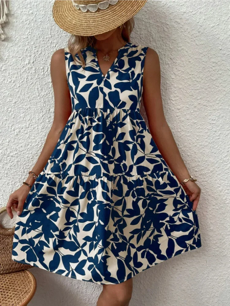 Vrouwen Boho Print Mini-jurk Zomer Elegante Mouwloze V-hals Ruche A-lijn Tankjurk Casual Losse Oversize Beach Party Zonnejurk