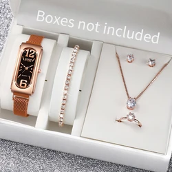 6PCS/Set Fashion Magnet Clasp Women's Watch Rectangle Arabic Dial Quartz Watches Diamond Jewelry Set（Without Box）