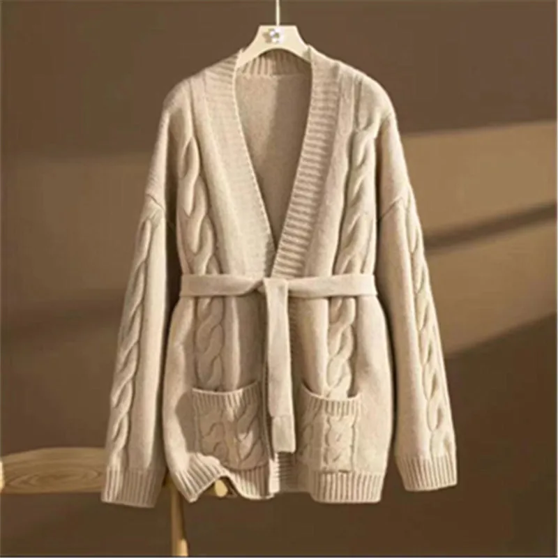 2024V Neck Autumn Winter Loose Thickened Cardigan Women's Mid length Fashion Fried Dough Twists Knit Sweater Coat Women