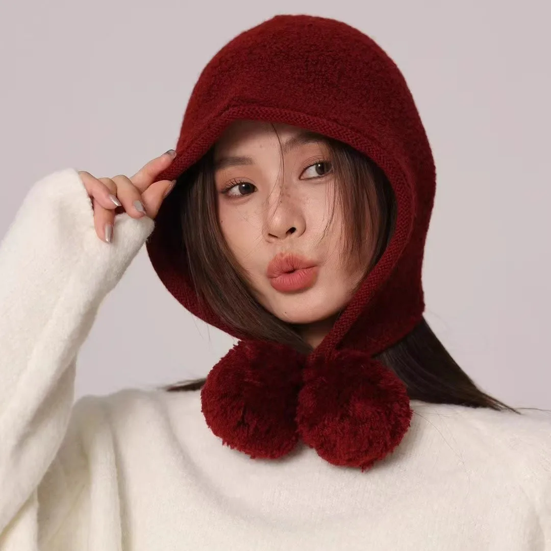 Gorro de invierno suave y cálido para mujer, gorro de lana 100% con bola de pelo, gorro de bombardero Barak, gorro de punto pequeño y cálido para mujer