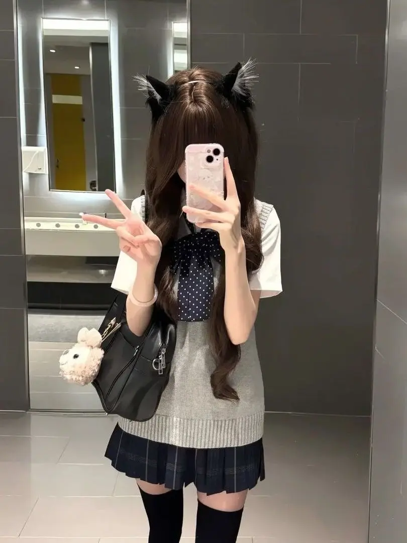 JK Summer Uniform Knitted Vest Sweater Set College Style Short Skirt Plaid Skirt Ensemble Breathable Polyester Fabric Button ... view 2