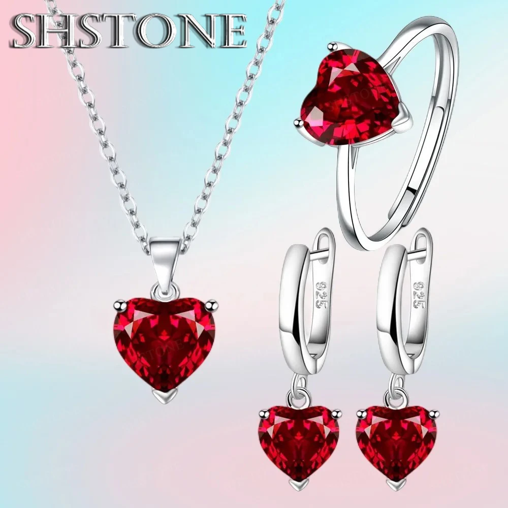 

Fine 925 Sterling Silver Jewelry Gift Sets for Women Female Romantic Heart Zircon Huggie Earrings Pendant Necklace Ring