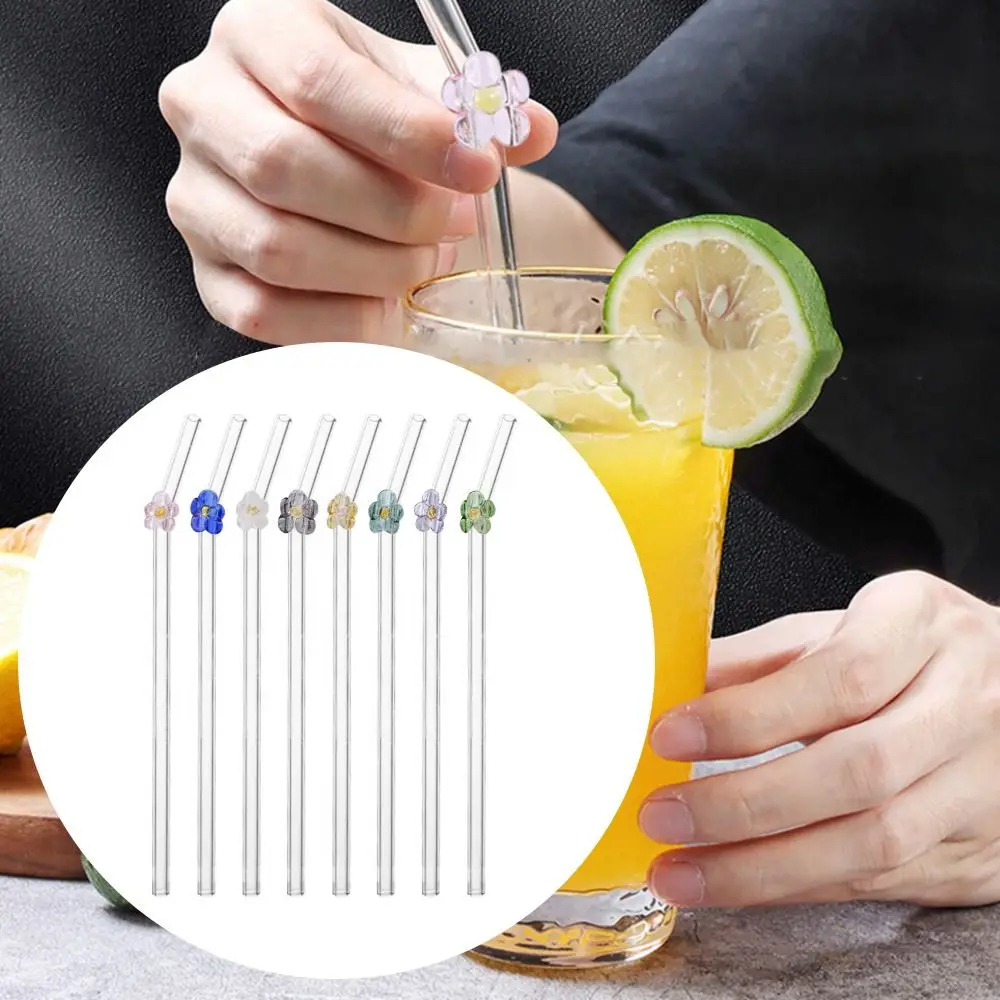 Glass Flower Glass Straws Transparent Heat-resistant Straight Bend Straws Drinkware Reusable Juice Drink Blender Stick