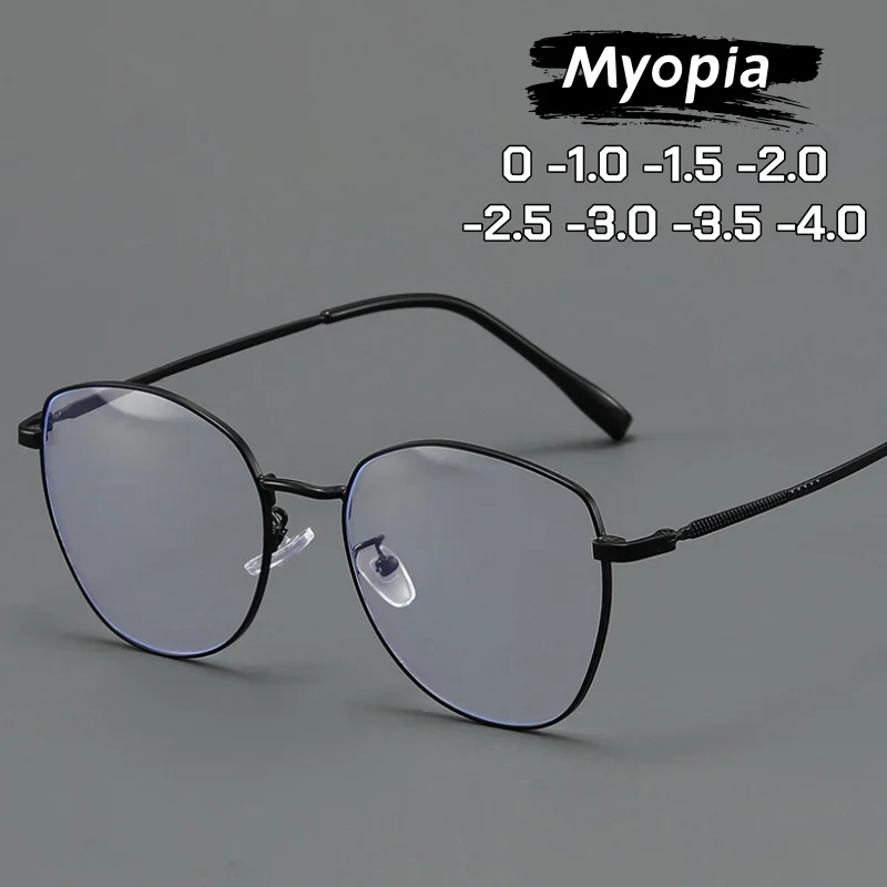 High-definition Cat-eye Large-frame Ultra Light Glasses Advanced Metal Daily Office Exquisite  Anti Blue Light Eyewear 0 To -4.0