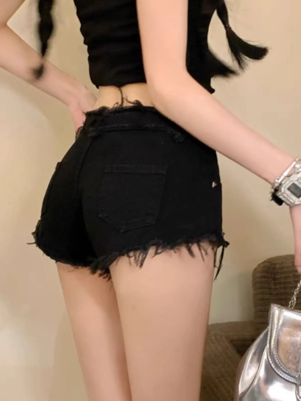 Damen Schwarz Gothic Y2k Gyaru Hot Pants Nachtclub Shorts Strand Jean Shorts Dj Club Party Denim Emo Booty Jeans Shorts Sommer