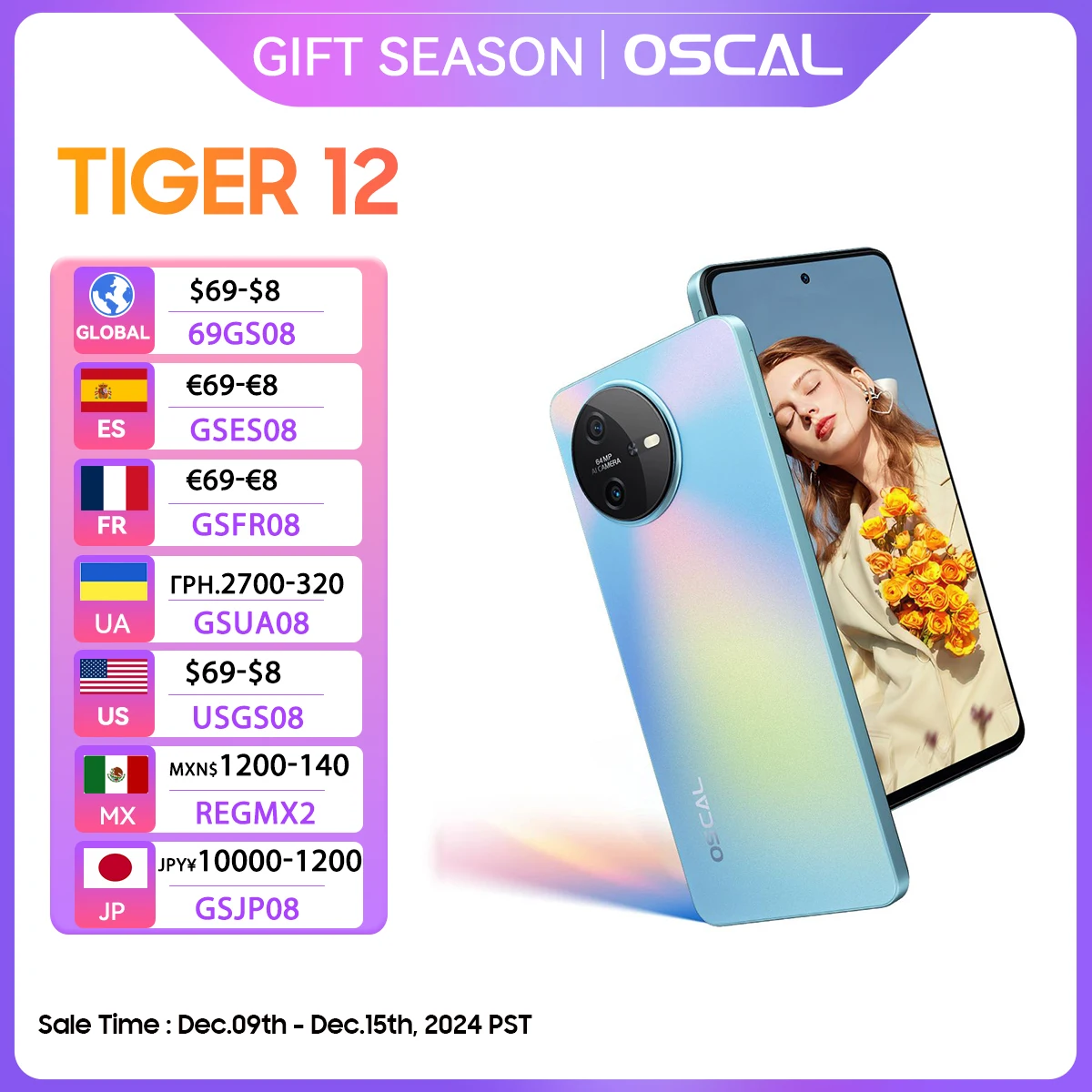 Oscal-tiger 12 Android 13スマートフォン、helio g99携帯電話、6.78インチ、120hz、2.4kディスプレイ、12GB RAM、256GB rom、64mp、4g