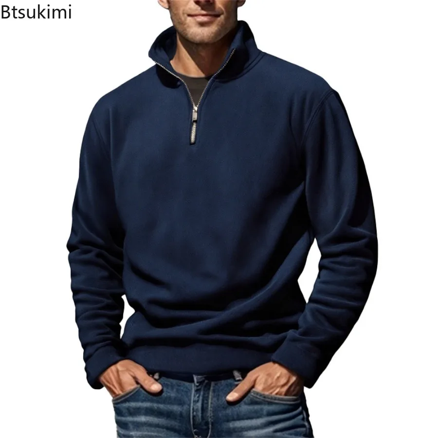 2025 Men's Half Zipper Sweatshirts Solid Long Sleeve Solid Color Pullover Turtleneck Streetwear Winter Warm Jacket Sport Coats