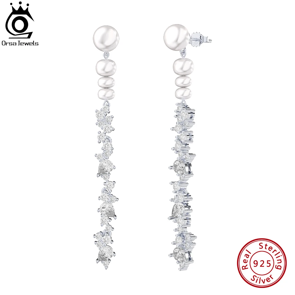 ORSA JEWELS Handmade 925 Sterling Silver Dangle CZ Earrings with Excellent Cultured Freashwater Pearls for Women Jewelry GPE62