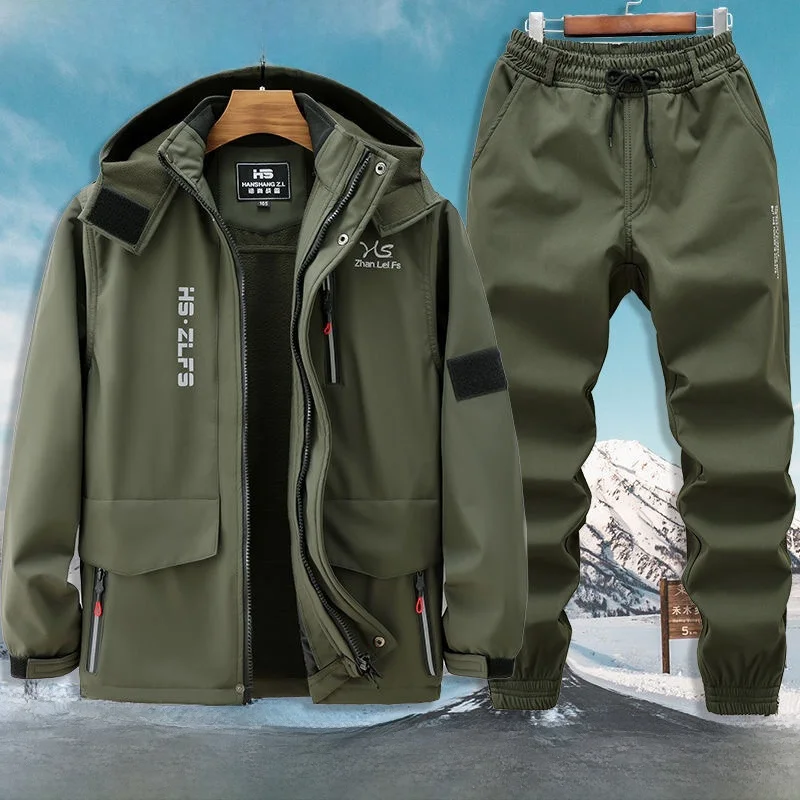 طقم ملابس عمل شتوي للرجال من ثينيد فيس مقاوم للماء والبرد وعصري ومقاوم للرياح من مزيج القطن بأكمام طويلة