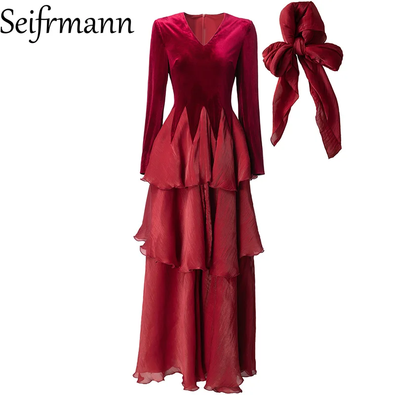 Seifrmann 2026 primavera nova luz feminina luxo elegante com decote em v manga longa cintura com borda de folha de lótus vestido de cor sólida