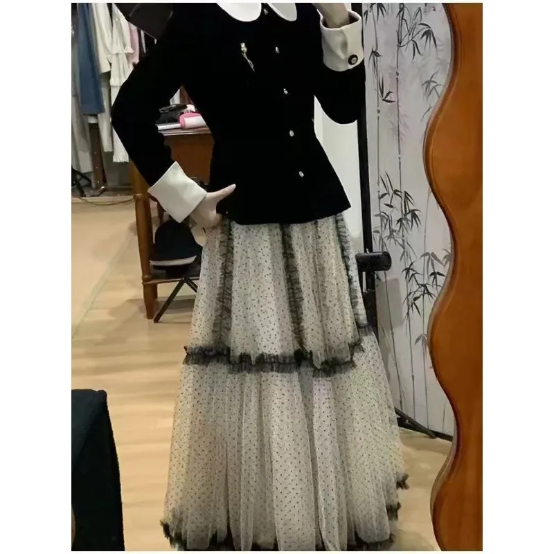 1 قطع المرأة البولكا نقطة تول ماكسي تنورة الثقيلة شبكة ألف خط الطابق طول تنورة أنيقة مكتب تخفيف تكدرت المتدرج كعكة تنورة #5