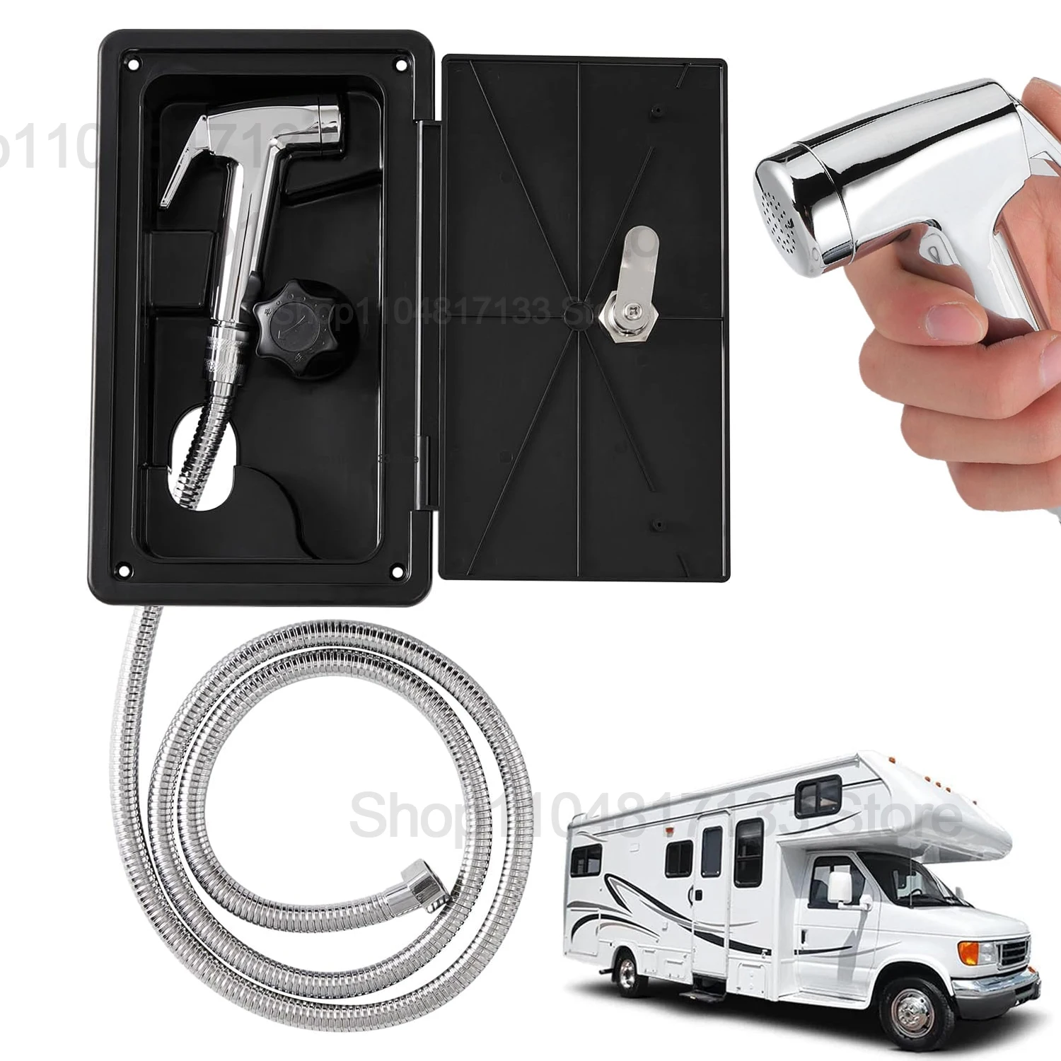 

RV Outdoor Shower, RV Outdoor Shower Kit Stainless Steel Head Hose ABS Case with Switch Lock, Camper Outdoor Shower