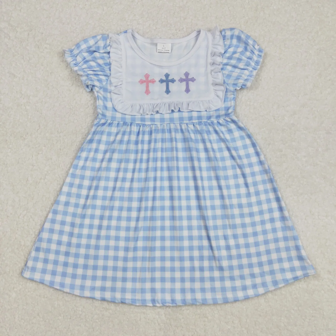 Wholesale Children Baby Girl Embroidery Crosses Infant Short Sleeves Dress Kids Easter Blue Checked Knee Length Toddler Clothing