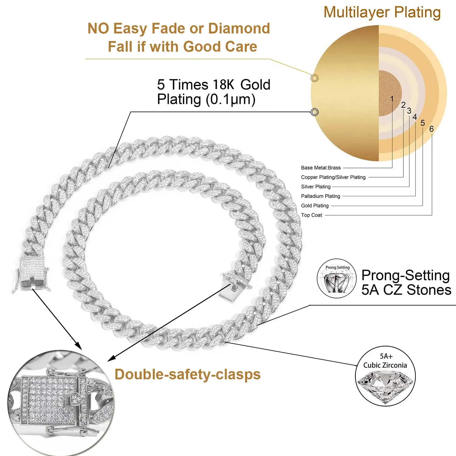 

12mm Hip Hop Jewelry Prong-Setting 5A CZ Stones Iced Cuban Link Chain for Men Durable Anti-Tarnish Urban Street-wear Necklace