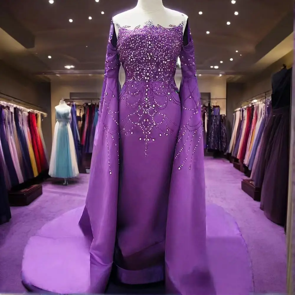 Gorgeous Purple Evening Dresses Sequined Crystal Long Sleeve Chapel Train O-Neck Gowns Special Occasion Elegant Women Gowns