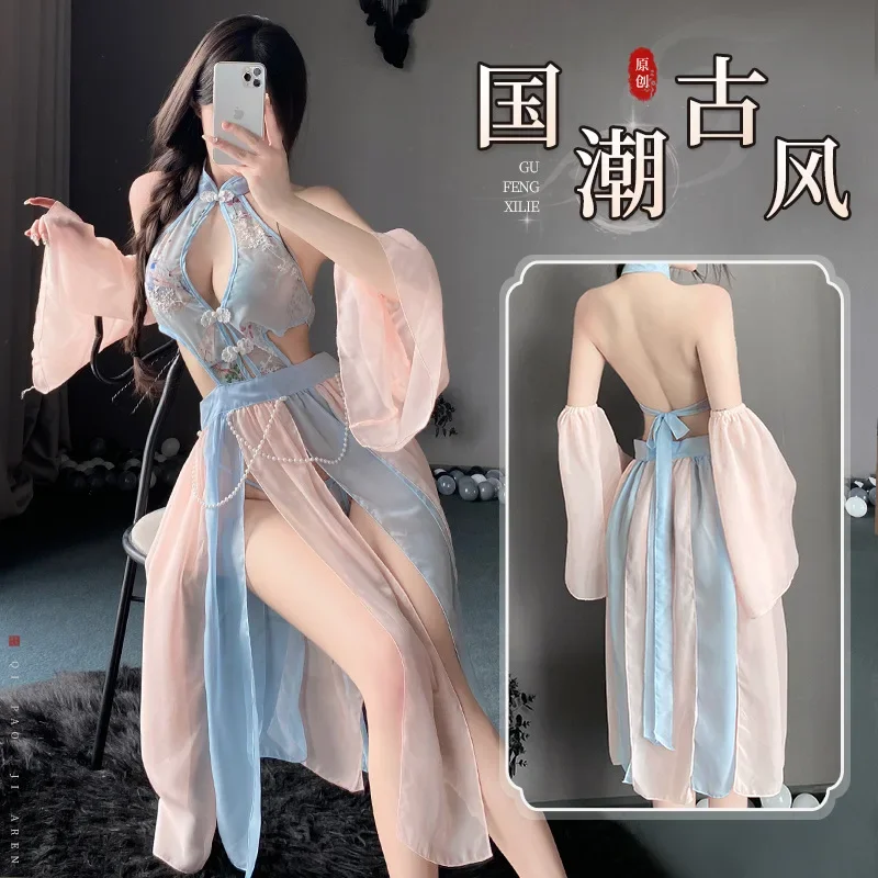 Sexy Classical Cheongsam Cosplay Costume Erotic Dresses See-through Outfit for Women Elegant Blue Chinese Antique-Style Lingerie