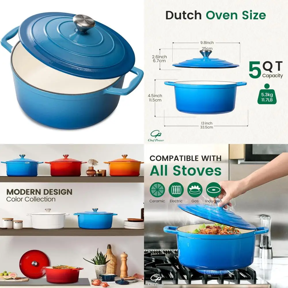 

Эмалированная чугунная кастрюля-гриль 5QT с крышкой, идеально подходит для выпечки, тушения, приготовления рагу и запекания, градиентный синий цвет