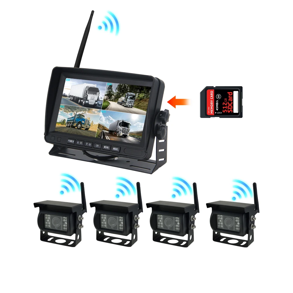

Wireless Camera Monitoring Kit System Rear View Cam 4CH 7-inch Screen MDVR Bus Trailer Wireless Reverse Camera with SD Card