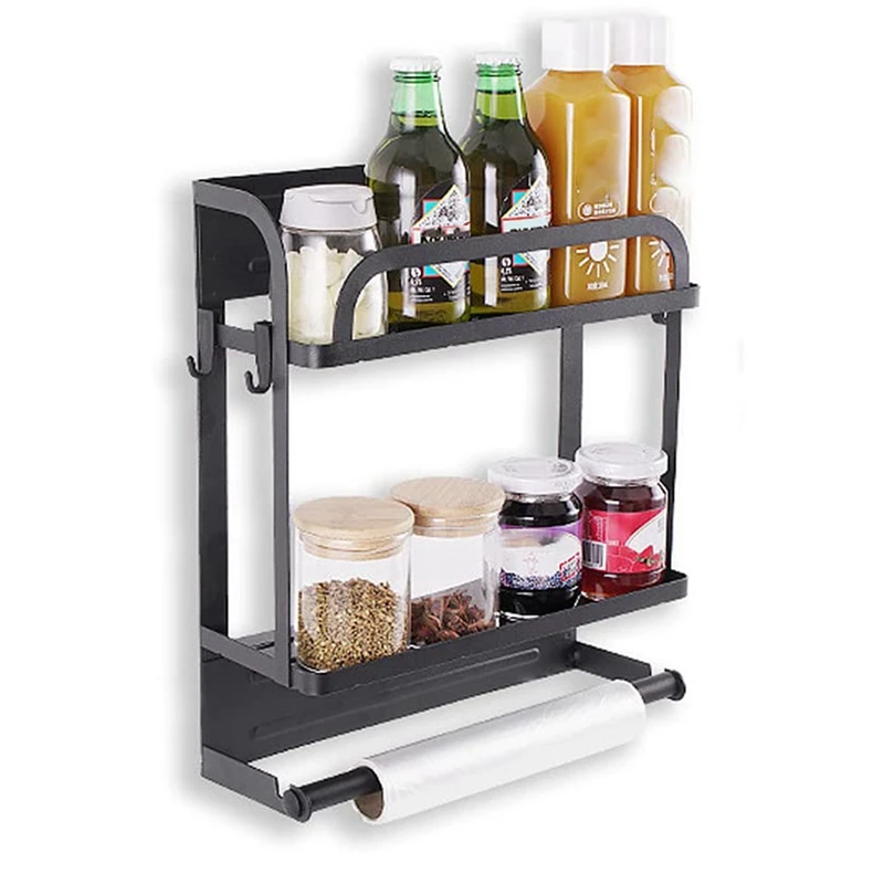 

1 PCS Magnetic Spice Rack Organizer 2 Tier Refrigerator Storage Shelf With Paper Towel Holder And Removable Hooks